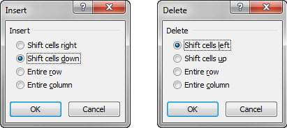 Insert and Delete dialogs